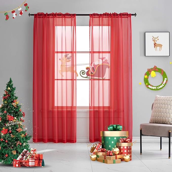 Red Curtains 108 Inches Long 2 Panels Rod Pocket Red Sheer Translucent Light Filtering Christmas Extal long for Bedroom Living Room 2 Panels 52x108