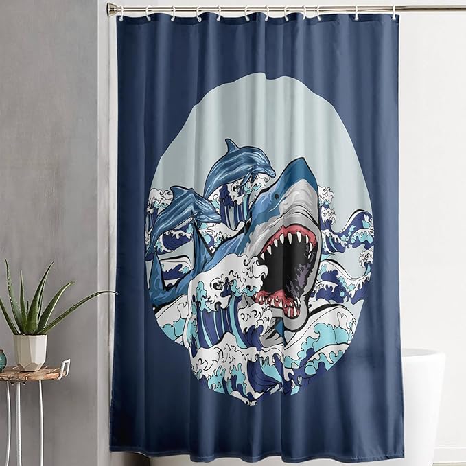 AILONEN Cartoon Shark Shower Curtain for Kids Boys Girls,Blue Ocean Wave with Shark Waterproof Fabric Shower Curtain for Bathroom,Blue Jumping Dolphin Theme Shower Curtain Set with Hooks,60" W*72" H