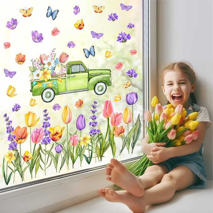 Garden Flowers Window Stickers Spring Window Cling Watercolor Butterflies Floral Wall Decals Peel and Stick Tulip Flower Window Decals for Kids Girls Bedroom Kitchen Shop Window Display Decoration