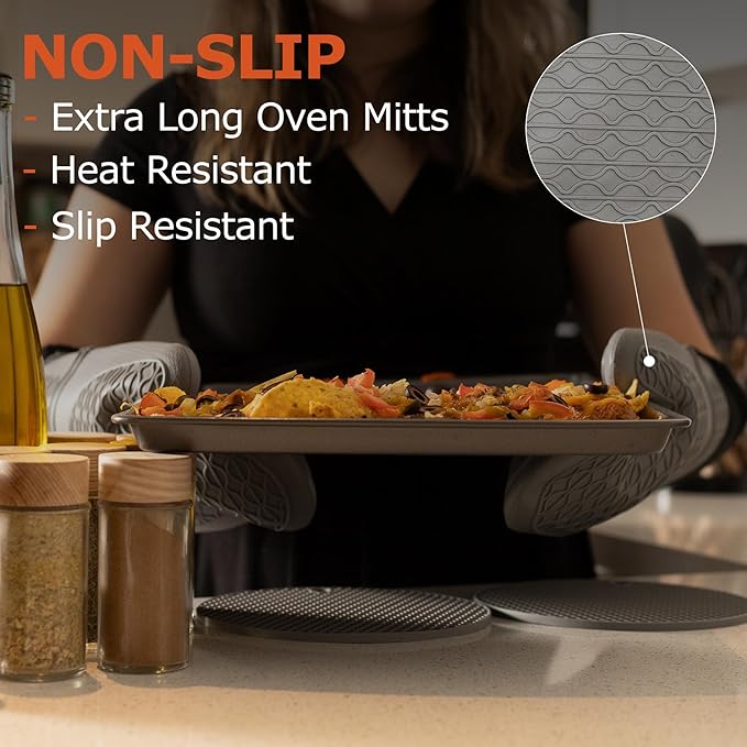 Extra Long Oven Mitts and Pot Holder Set for Ultimate Kitchen Safety- Hot Pads and Oven Mitts- Heavy Duty- Silicone Heat Resistant Oven Mitts and Pot Holder Set(Light Gray)