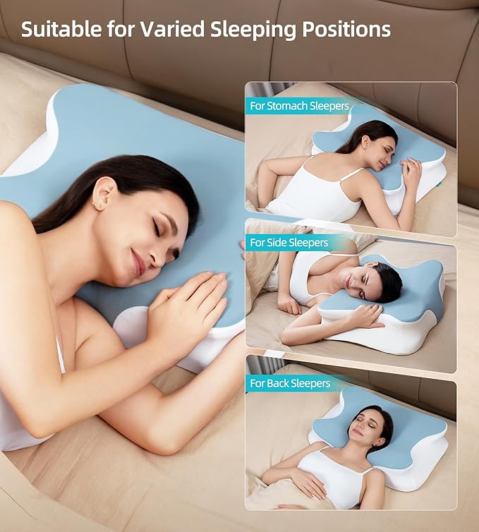 ALLJOY Cervical Pillow for Neck Shoulder, Ergonomic Side Sleeper Pillow for Pain Relief, Cooling Odorless Memory Foam Pillows for Deep Sleep, Neck Support Pillow for Back Stomach Sleepers, Blue