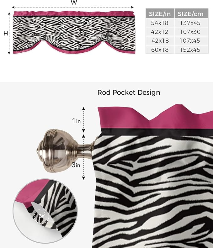 Animal Zebra Print Blackout Tie Up Valance Curtains for Kitchen Windows Black White Pink Window Toppers Balloon Shades for Living Room/Bathroom/Bedroom,1 Panel,42" X 18"