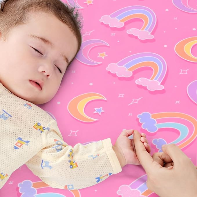 JISEN Baby Crib Sheets Soft Breathable Pink Rainbows Fitted Crib Sheets Baby Sheet for Standard Crib and Toddler Mattress Baby Bed Sheets for Crib for Baby Boys Girls Neutral 52x28 Inch