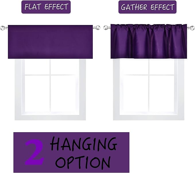 Purple Valance for Windows 42x18 Inch Solid Thermal Insulated Blackout Rod Pocket Kitchen Short Curtain Toppers Valance for Bathroom Living Room 2 Panels