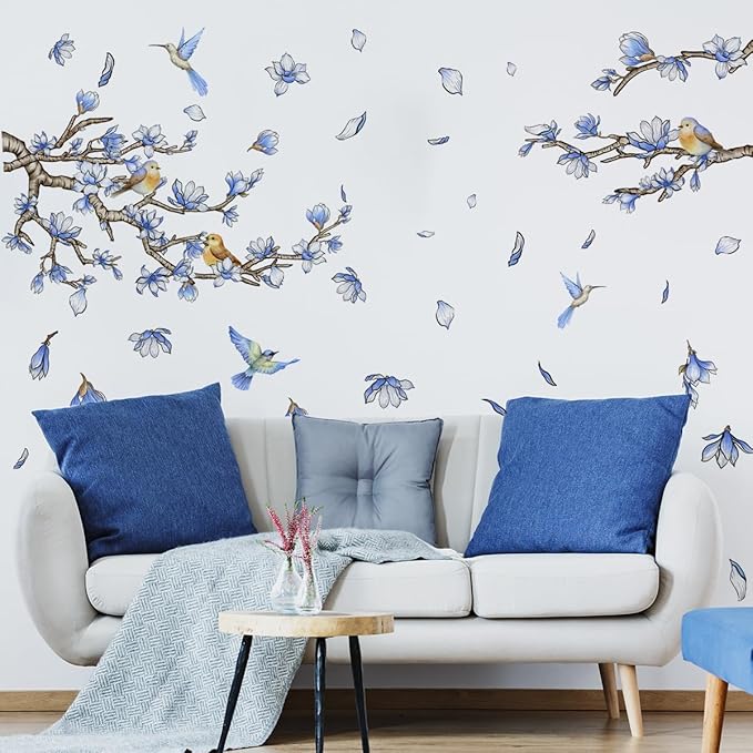 Blue Flowers Birds Wall Decals Blue Floral Garden Flower Wall Stickers Fairy Decals PVC Removable Wall Art Decals for Girls Bedroom Nursery Decor