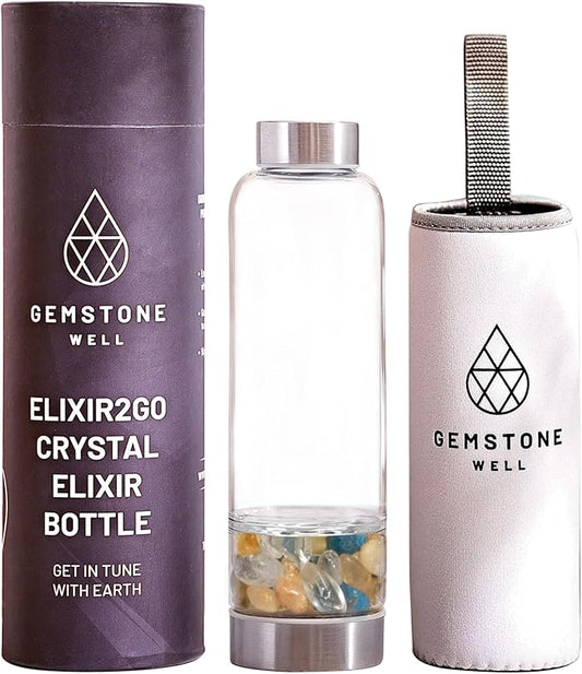 Crystal Water Bottle Elixir Set | Includes Authentic Laboratory Citrine, Blue Apatite & Clear Quartz Healing Crystals | Black Neoprene Sleeve | Drink Gem Infused Water On The Go