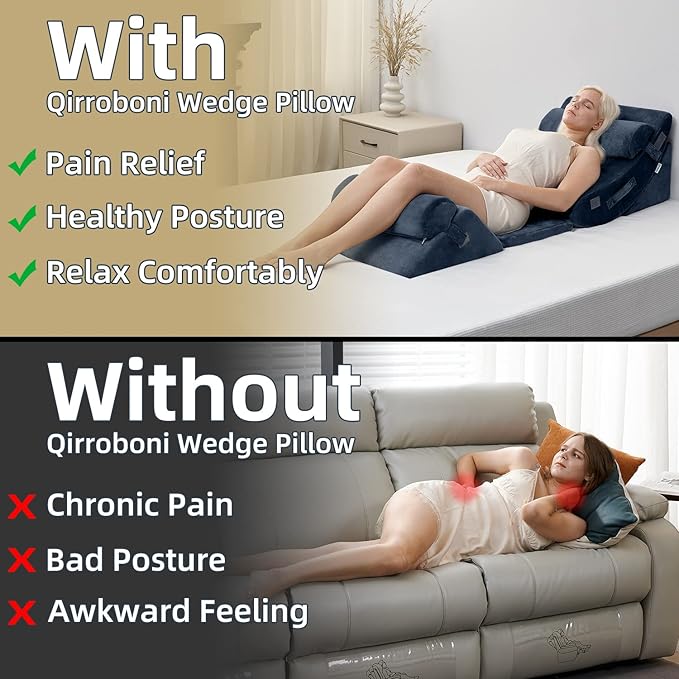 Qirroboni 6PCS Orthopedic Bed Wedge Pillow Set, Adjustable Pillows for Neck, Back and Leg Pain Relief Comfortable & Post Surgery Foam - Heartburn, Anti Snoring, Acid Reflux & GERD Sleeping Indigo