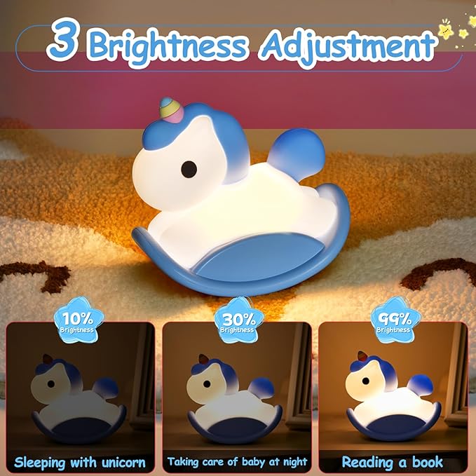 Unicorn Night Lights for Kids Bedroom, LED Squishy Unicorn Lamp with Wobbling Amusement, Silicone Dimmable Nursery Nightlight, Rechargeable Bedside Touch Lamp with 30min Timer, Blue