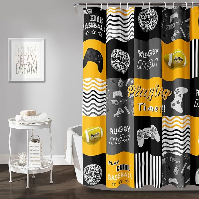 AILONEN Gaming Shower Curtain,Orangish Ball Sports Bathroom Shower Curtain for Boys Kids Teens, 60" W*72" H Gaming Gamer Theme Shower Curtain Sets for Bathroom