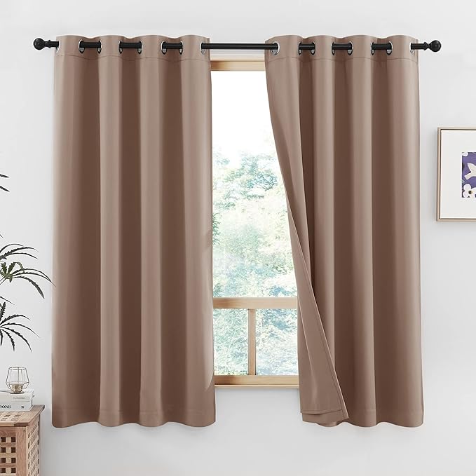 NICETOWN Bedroom Cold Reducing Full Blackout Curtain Panels, Super Thick Insulated Window Covers, 100% Blackout Blinds with Same Color Liner for Small Window(Taupe, Set of 2 PCs, 52 by 45-inch)