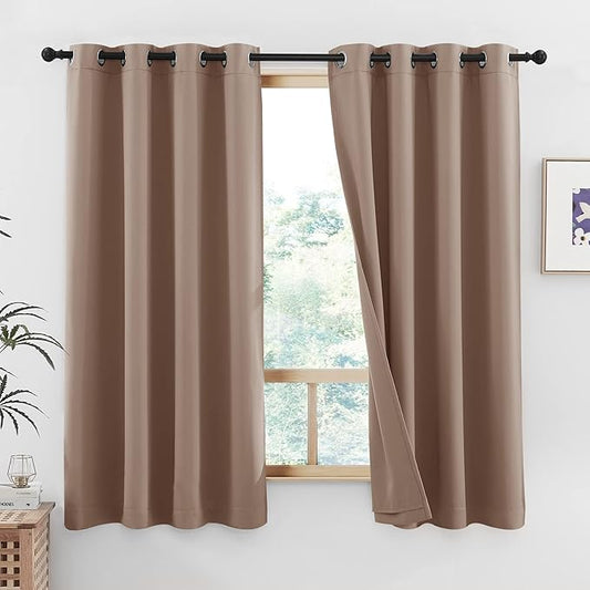 NICETOWN Bedroom Cold Reducing Full Blackout Curtain Panels, Super Thick Insulated Window Covers, 100% Blackout Blinds with Same Color Liner for Small Window(Taupe, Set of 2 PCs, 52 by 45-inch)