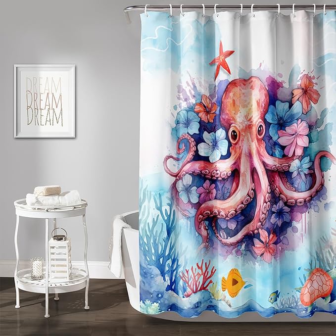 AILONEN Sea Octopuses Shower Curtain Set, Cartoon Octopus with Flowers Waterproof Fabric Shower Curtain,Watercolor Blue Ocean World Cloth Bath Curtain for Bathroom Decor with Hooks,72" Wx72 H