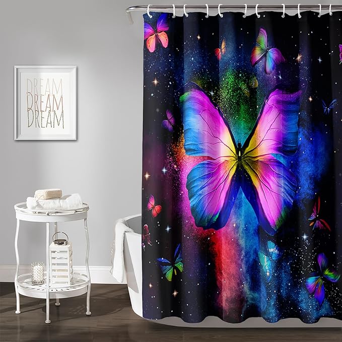 AILONEN Butterfly Shower Curtain Bathroom 60" W*72" H Sparkly Colourful Butterfly Curtain Cloth Fabric Bathroom for Girls Kids,Deep Color Shower Curtain Set