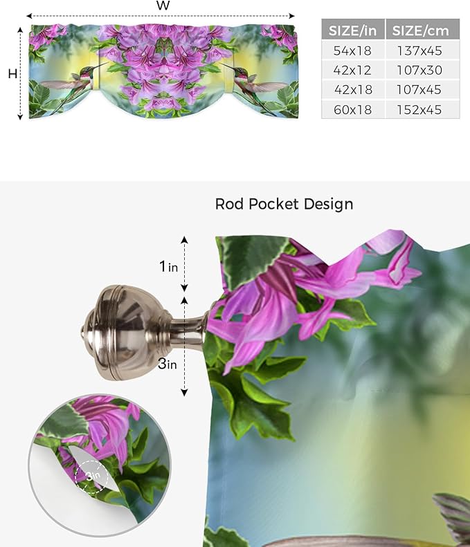 Pink Flowers Blackout Tie Up Valance Curtains for Kitchen Windows Hummingbird Window Toppers Balloon Shades for Living Room/Bathroom/Bedroom,1 Panel,42" X 18"