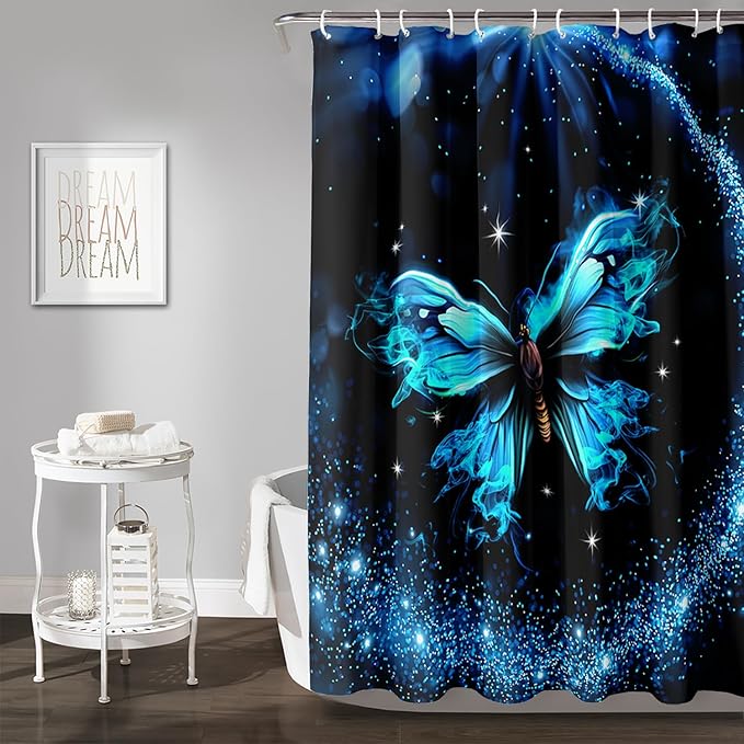 AILONEN Butterfly Shower Curtain Bathroom 72" W*96" H Sparkly Blue Butterflies Curtain Cloth Fabric Bathroom for Girls Kids,Boho Style Shower Curtain Set