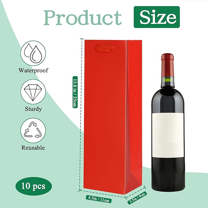 KEYYOOMY Wine Gift Bags - 10 Pack Red Kraft Paper Wine Bottle Gift Bags with Handles for Wedding Birthday Housewarming Christmas Party Supplies(10CT,13.8x4.3x3.5 IN,Red)