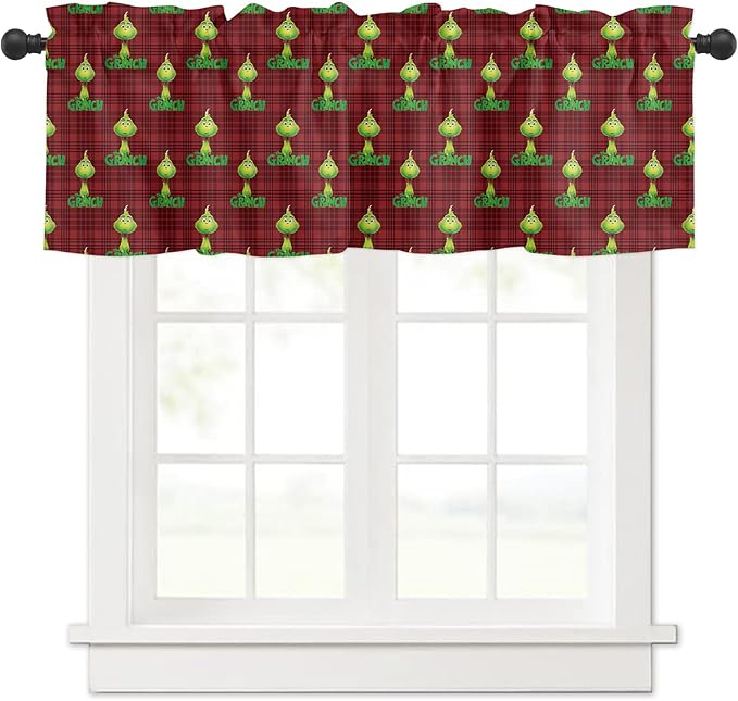 Retro Style Green Monster Christmas Window Valance for Kitchen Living Room Baby Grin-ch Window Curtain for Bedroom Christmas Window Valance Rod Pocket Window Treatment Christmas Decors, 54" W x 18" L
