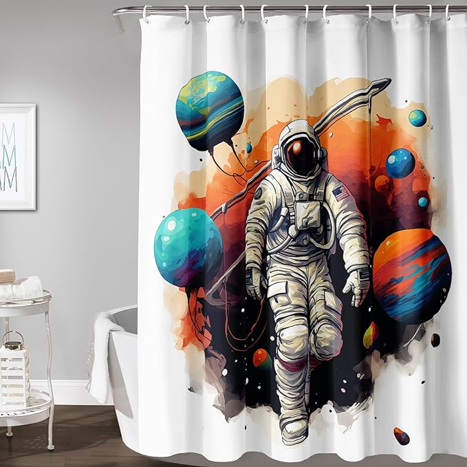 AILONEN Astronaut Shower Curtain for Bathroom,Planet Spaceman Bath Curtain for Kids Boys Teens,Universe Polyester Waterproof with 12 Plastic Hooks 72" W*72" H