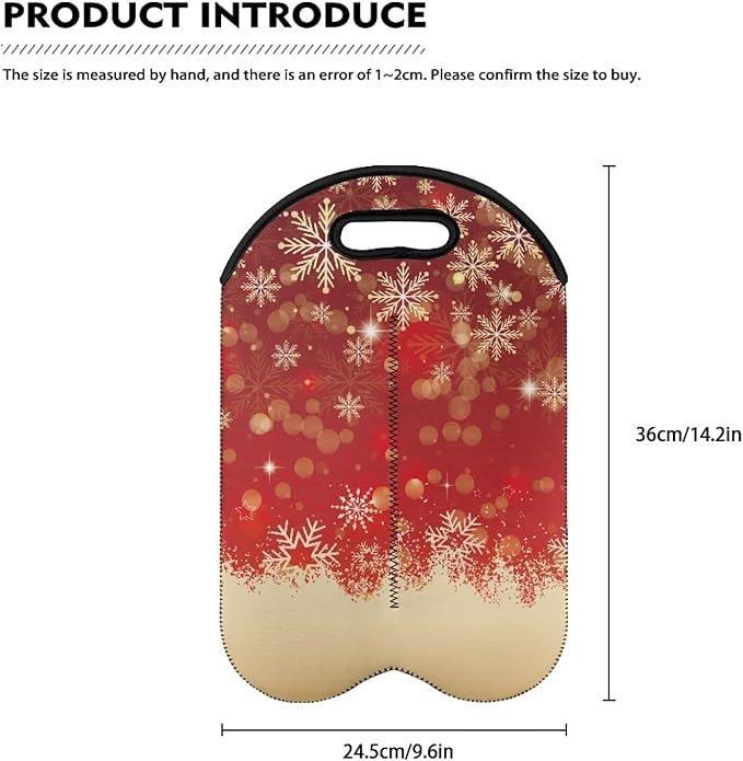 doginthehole Christmas Decorations Wine Carrier Tote Bag 2 Bottle Portable Neoprene Wine Tote Holders, Xmas Red Golden Snowflake Wine Carrying Case Bag for Wine/Beer/Champagne/Water/Drinks