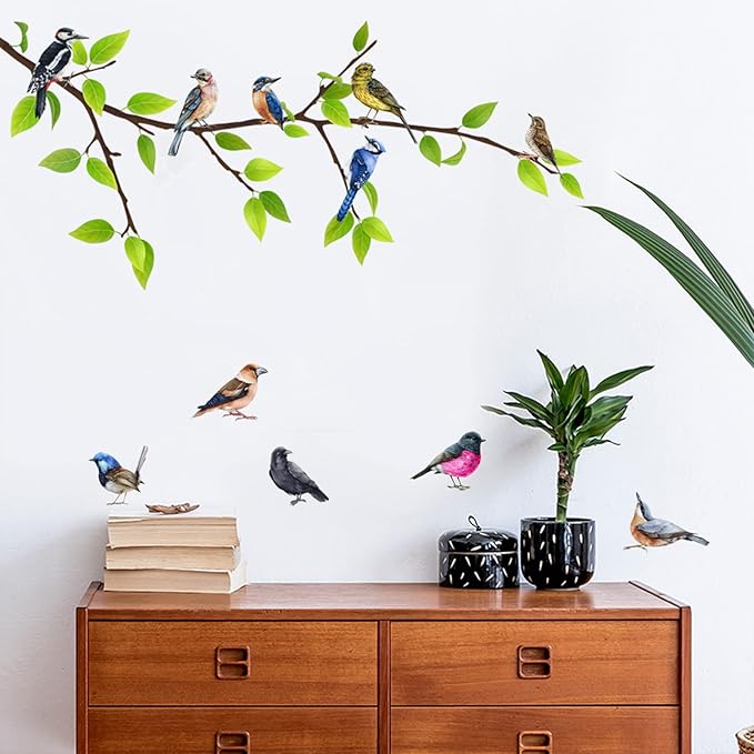 Hummingbird on The Tree Branch Wall Sticker, Colorful Birds Green Tree Decals, Removable Green Leaf and Flying Bird DIY Art Wall Decal for Garden Living Room Bedroom Kitchen Nursery Room