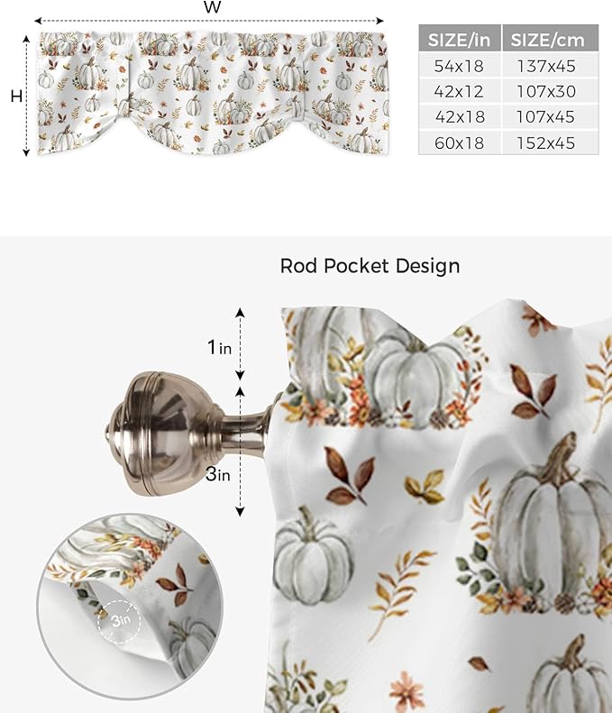 Fall Floral Leaves Blackout Tie Up Valance Curtains for Kitchen Windows Thanksgiving Pumpkins Window Toppers Balloon Shades for Living Room/Bathroom/Bedroom,1 Panel,54" X 18" Boho