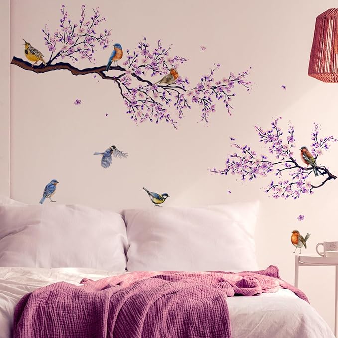 Birds On Tree Wall Decals Purple Flower Wall Stickers Colorful Birds Decals DIY Removable Colorful Flying Bird Tree Wall Art Decor for Kids Baby Bedroom Living Room Nursery Office