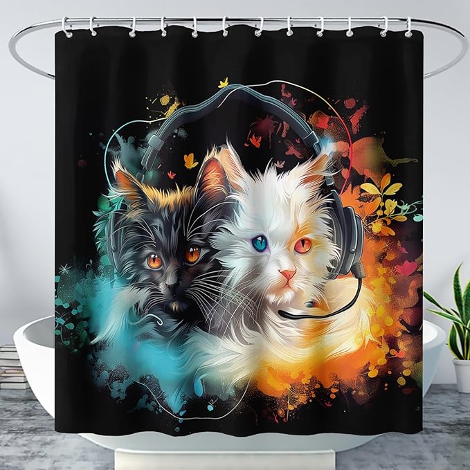 AILONEN Cute Cat Shower Curtain Set, Black White Cat Waterproof Fabric Shower Curtain for Kids Boys Girls,Headphones Kitty Shower Curtain for Bathroom with Hooks,72" W*72" H