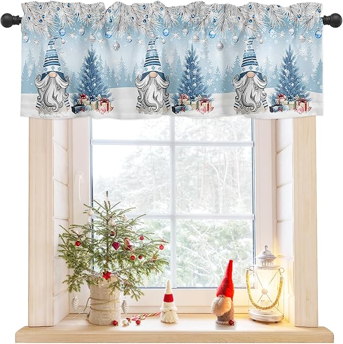 Christmas Gnome Valance Curtains for Kitchen Windows Winter Merry Christmas Tree Balls Rod Pocket Window Treatment Toppers for Kitchen/Living Room/Bedroom/Bathroom, 42" X 12", Blue