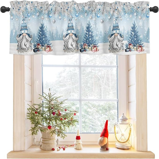 Christmas Gnome Valance Curtains for Kitchen Windows Winter Merry Christmas Tree Balls Rod Pocket Window Treatment Toppers for Kitchen/Living Room/Bedroom/Bathroom, 54" X 18", Blue