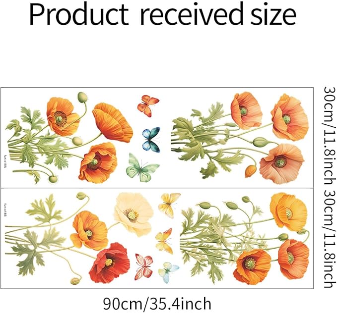 Poppies Wall Stickers for Kids Bedroom -Butterfly Flowers Wall Decals for Girls Room,Classroom,Nursery, Playroom- Removable DIY Peel and Stick Wall Art Decor