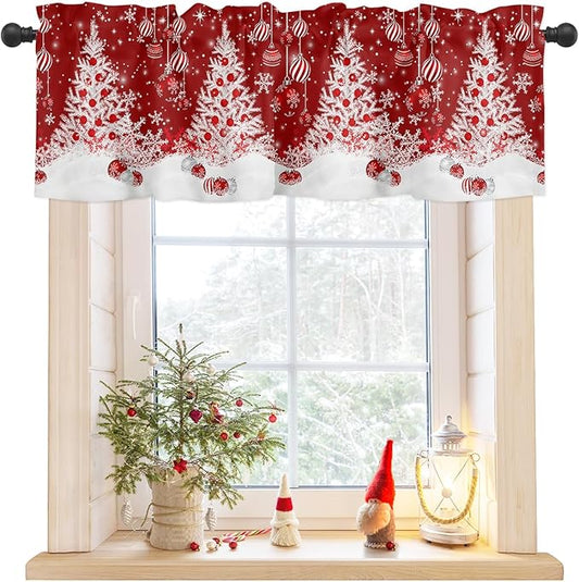 Red Christmas Valance Curtains for Kitchen Windows White Xmas Tree Snowflakes Red Balls Rod Pocket Window Treatment Toppers for Kitchen/Living Room/Bedroom/Bathroom, 54" X 18", Winter