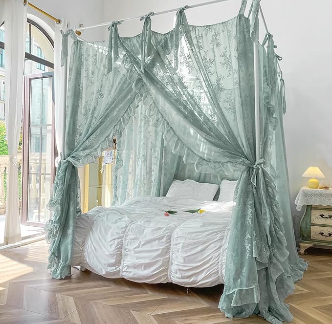Mengersi Canopy Bed Curtains with Tie Backs,Bed Canopy Curtains Bed Drapes Sheer Lace Curtains for Bedroom Decor（Twin,Sage Green