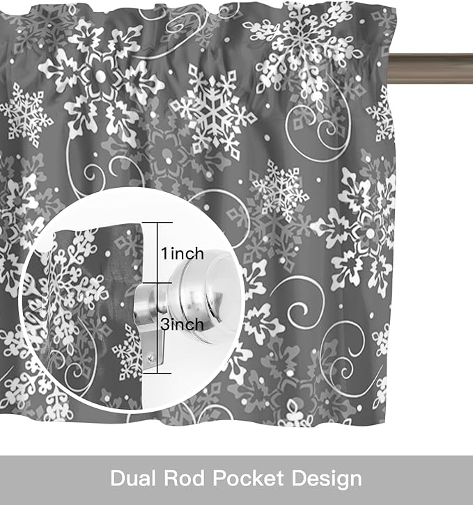Christmas Valance Curtains for Kitchen Windows Grey White Snowflakes Pattern Rod Pocket Window Treatment Toppers for Kitchen/Living Room/Bedroom/Bathroom, 54" X 18", Winter
