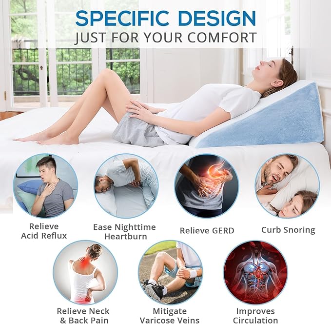 Sasttie Wedge Pillow for Sleep Apnea, 12 Inch Memory Foam Bed Wedge Pillow for Acid Reflux Relief, 30 Degree Triangle Incline Pillow Wedge for Sleeping with Removable Cover, Sky Blue