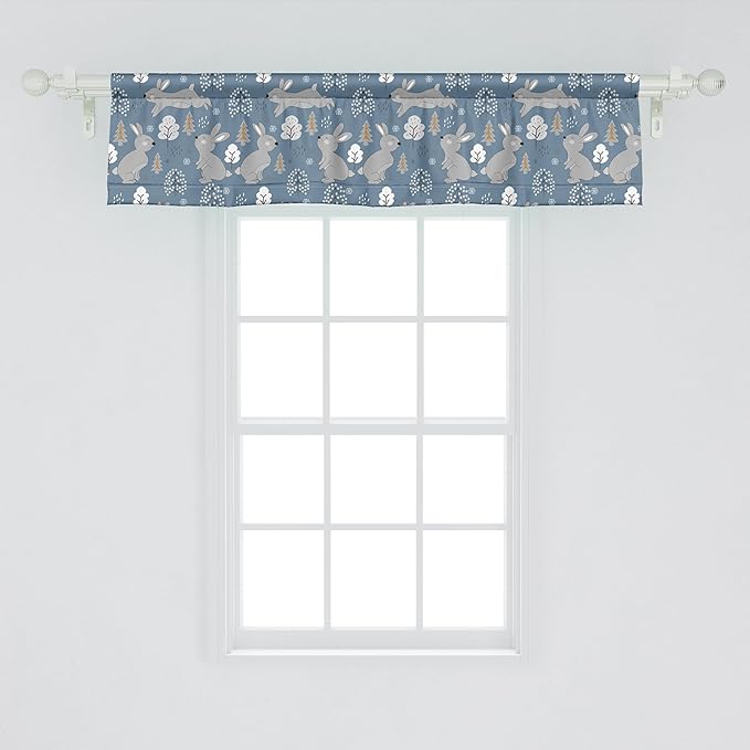 Ambesonne Bunny Window Valance Pack of 2, Continuous Pattern Trees and Rabbits Snowflakes, Rod Pocket Curtain Valances for Kitchen Bedroom, 54" X 12", Blue Grey