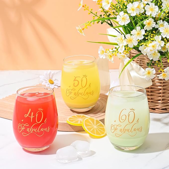 DAZLUTE 60th Birthday Gifts for Women, 60 & Fabulous Wine Glass with 1 Pack Reusable Burlap Wine Bag, 60 Year Old Wine Glass Birthday Gift for Women Mom Friend Sister Wife Aunt Grandma, 17 Oz Gold