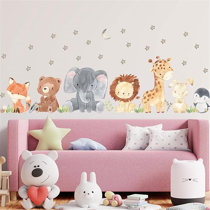 Jungle Animals with Tree Plant Wall Decals Monkey Lion Tiger Wall Stickers Baby Nursery Kids Room Living Room Home Decor (Animal1)