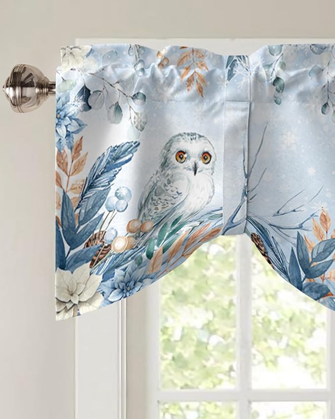 Blue Christmas Blackout Tie Up Valance Curtains for Kitchen Windows Winter Snowy Owl Poinsettia Eucalyptus Leaves Window Toppers Balloon Shades for Living Room/Bathroom/Bedroom,1 Panel, 42" X 12",