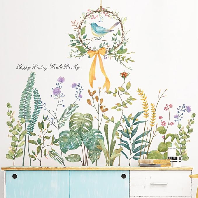 Tropical Green Plants Wall Decals Flowers Wall Corner Stickers Garden Floral Bird's nest Baseboard Skirting Line Wall Stickers for Baby Kids Girls Bedroom Living Room Corners Skirting Lines