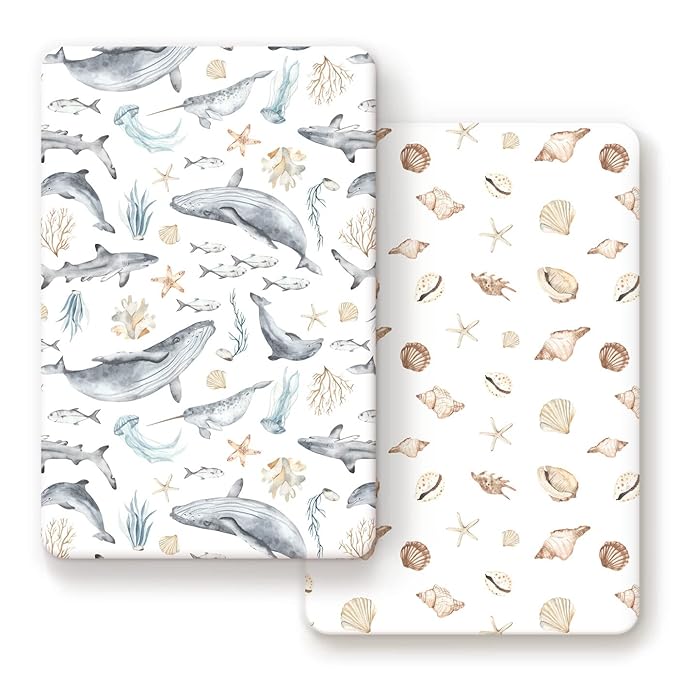 GRSSDER Stretchy Super Soft Jersey Knit Fitted Pack n Play Sheets Set 2 Pack,Portable/Mini Crib Sheets Snug and Safe,Beautiful Marine Organism for Boys and Girls