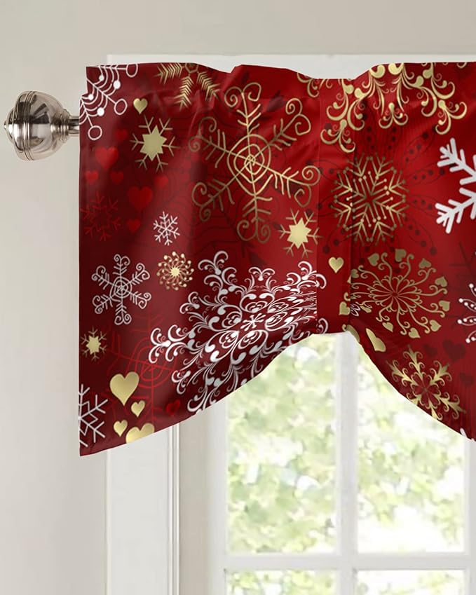 Christmas Blackout Tie Up Valance Curtains for Kitchen Windows Snowflake Pattern Window Toppers Balloon Shades for Living Room/Bathroom/Bedroom,1 Panel,60" X 18" Gold White