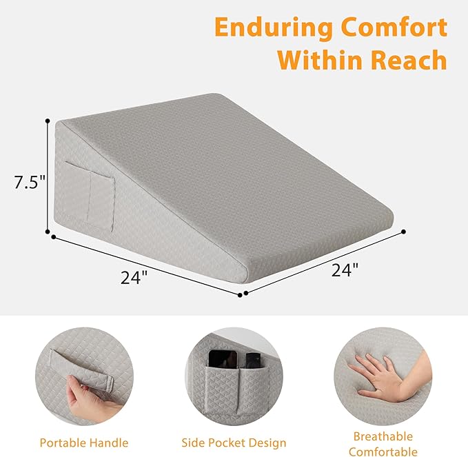 Bed Wedge Pillow for Sleeping, 7.5" Wedge Pillows for After Surgery, Soft Memory Foam Top, Triangle Pillow Wedge, Body Positioners for Leg Elevation, Acid Reflux, Gerd, Snoring Relief, Grey