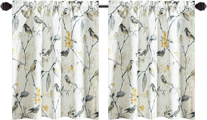Leeva Elegant Grey Birds Curtain Tiers, Farmhouse Style Linen Textured Short Window Treatment for Bathroom Living Room Cafe, 2 Panels Set, 29 x 24 Inch