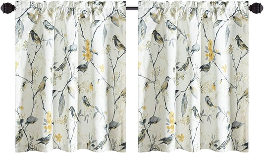 Leeva Farmhouse Style Linen Textured Short Window Treatment, Elegant Grey Birds Curtain Tiers for Bathroom Living Room Cafe, 2 Panels Set, 29 x 30 Inch