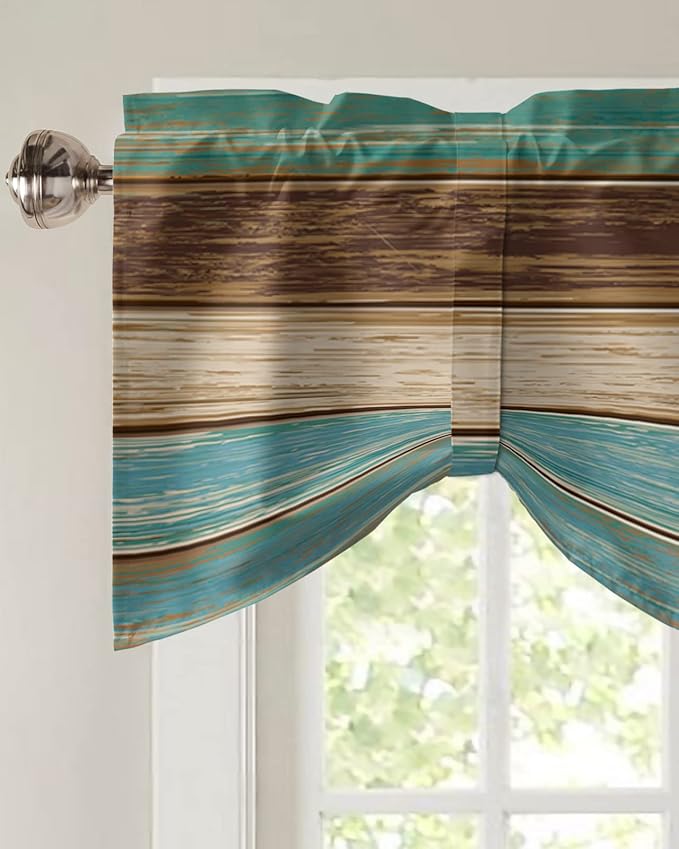 Farmhouse Blackout Tie Up Valance Curtains for Kitchen Windows Teal Turquoise Green Brown Country Window Toppers Balloon Shades for Living Room/Bathroom/Bedroom,54" X 18" Retro Rustic Barn Wood