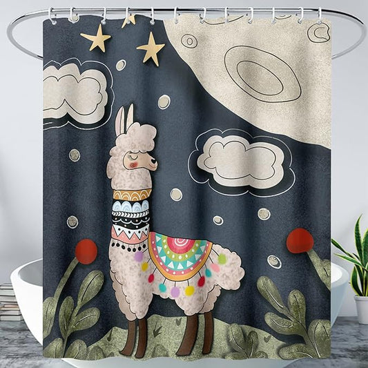 AILONEN Cute Llama Shower Curtain for Kids,Galaxy Llama Print Bath Curtain Gifts for Boys Girls,Polyester Waterproof for Bathroom with 12 Plastic Hooks 36" W*72" H