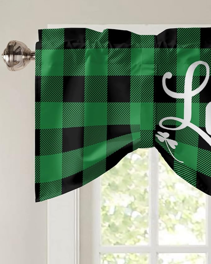 St. Patrick's Day Buffalo Plaid Blackout Tie Up Valance Curtains for Kitchen Windows Lucky Shamrocks Clover Window Toppers Balloon Shades for Living Room/Bathroom/Bedroom,1 Panel, 42" X 18",Green