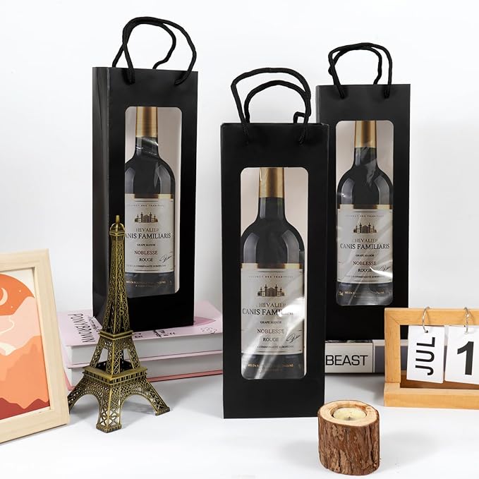 Cyblinia 20 Pack Wine Gift Bags Paper Wine Bags 14.2 x 4.9 x 3.4 Inch Wine Bottle Bags with Clear Window for Weddings, Valentine's Day, Birthday, Party