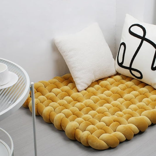 XHJRI Thickened Braided Knot Seat Mat, Knotted Floor Decorative Cushion, Handmade Baby Infant Playing Pad Nursery Rug (27.5 * 31.5 Inch,Yellow Brown)