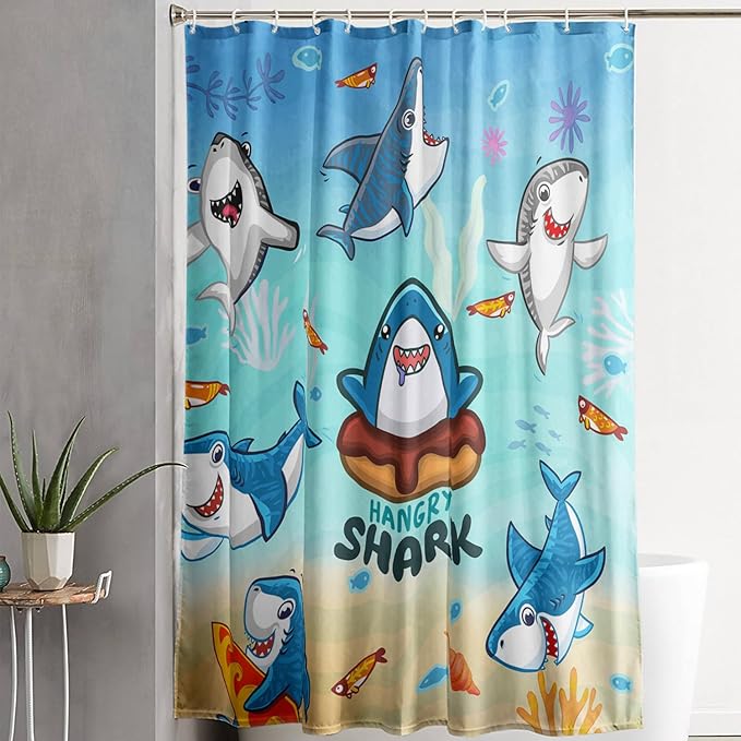 AILONEN Cartoon Shark Shower Curtain,Kawaii Donut Shark with Marine Life Bath Curtain Set for Kids Girls Boys,Fish Seaweed Fabric Shower Curtains for Bathroom, 72" W*72" H